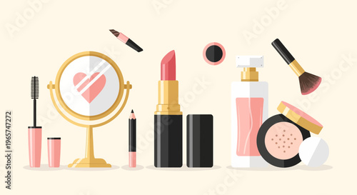 Colorful makeup products on table.