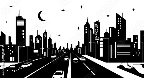 Black and white cityscape illustration.