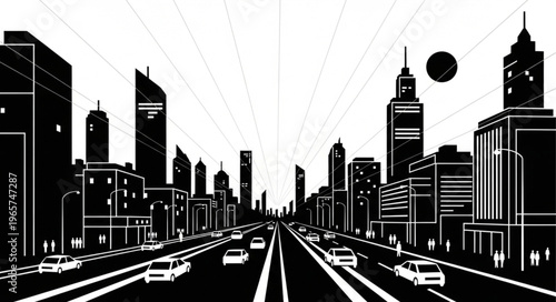 Black and white cityscape illustration.