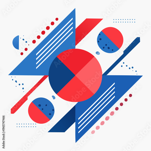 Geometric shapes in red and blue.