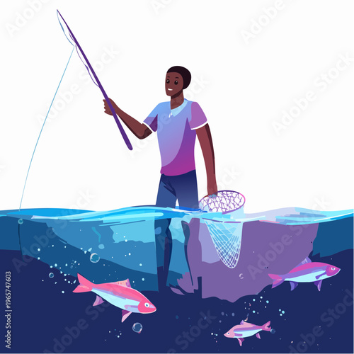 Man fishing in the ocean with a net and rod, catching colorful fish