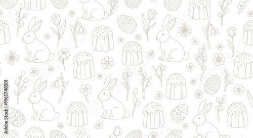 Easter bunny rabbits, painted eggs, tulips, flowers and cake in a seamless pattern, festive spring holiday background, hand drawn outline, light beige and white.