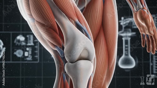 Anatomical illustration of a human leg muscles and skeleton in a laboratory setting with scientific equipment.