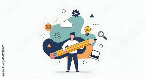 A modern businessman holding a large pencil surrounded by creative tools and symbols in a flat vector illustration for business and technology concepts.