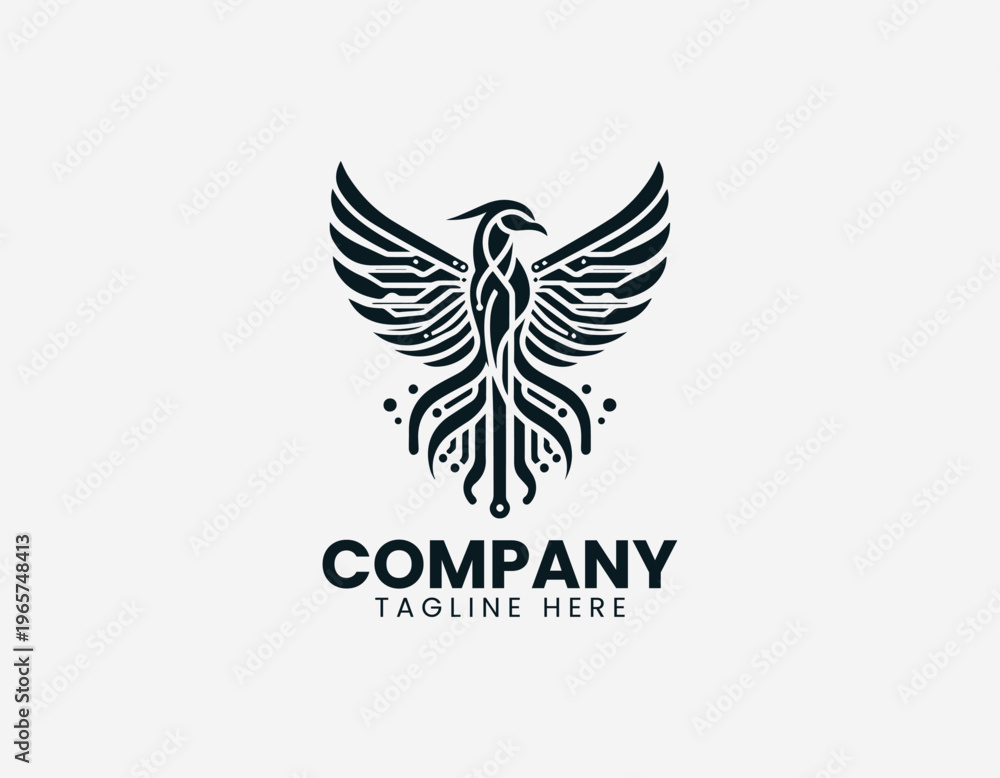 Obraz premium Futuristic phoenix with circuit lines black vector logo illustration isolated on white background