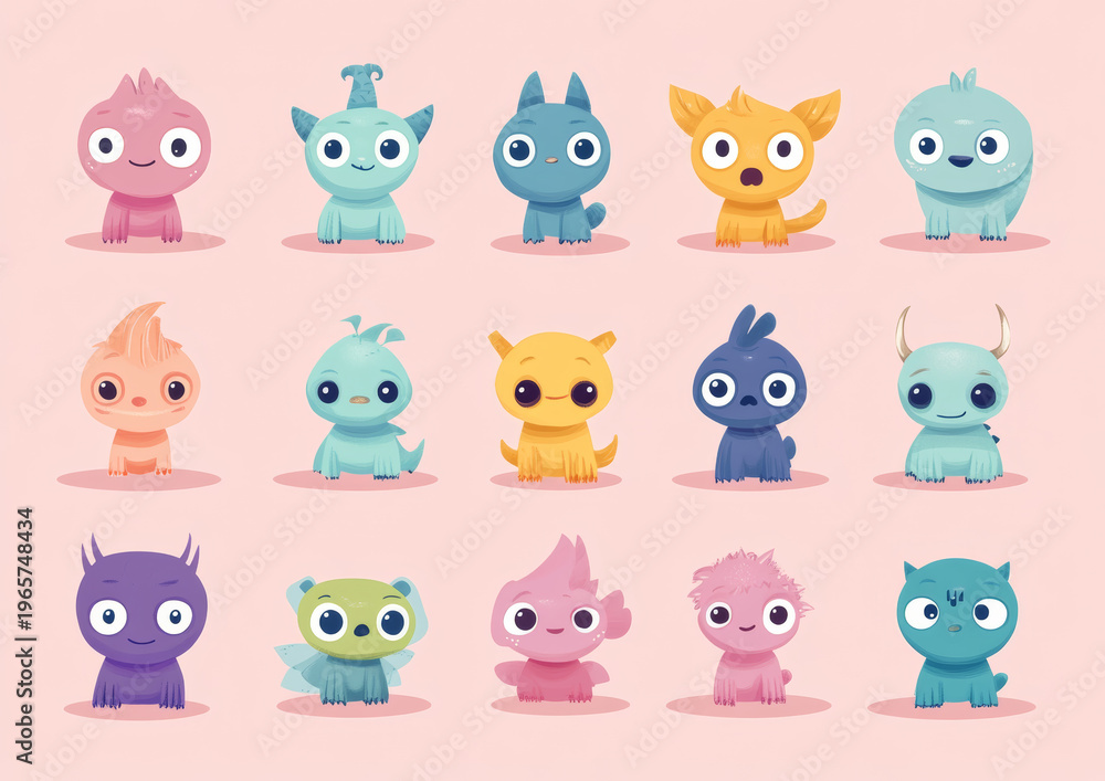 Obraz premium Colorful cartoon monsters in rows.