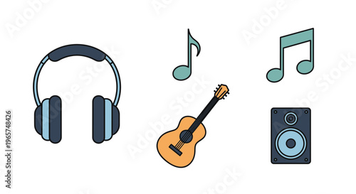 Music headphones and guitar equipment.