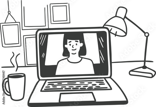 Remote worker, online meeting, video call, black and white illustration, line art, office desk