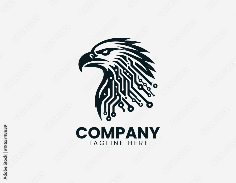 Fototapeta premium Cyber eagle head with circuit lines black vector logo illustration isolated on white background