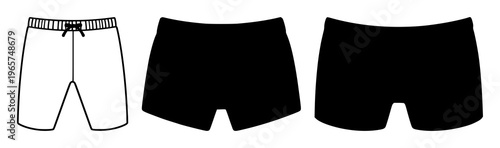 Swimming trunks icon set with solid black icon on white background featuring icon, swimming trunks, beachwear with black and white