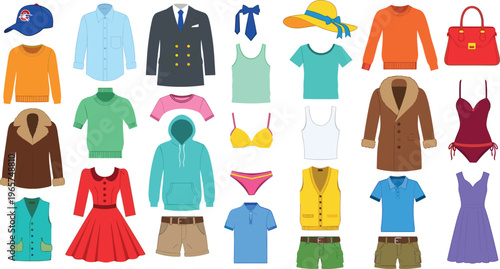 Clothing collection illustration, fashion outfits set, casual and formal wear icons, men women apparel, colorful wardrobe vector isolated design