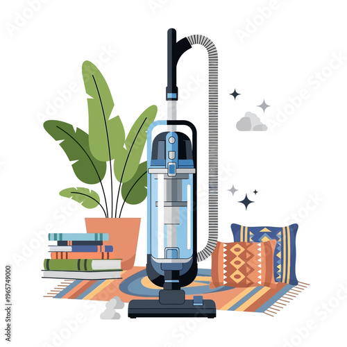 Modern Upright Vacuum Cleaner on Rug with Plants and Pillows