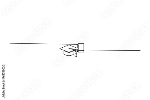 Minimalist continuous line drawing of a graduation cap and book. Clean black vector art for academic success, university study, and school concepts.