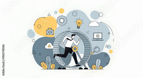 A modern worker runs inside a giant gear surrounded by various office and technology icons in a flat vector illustration.