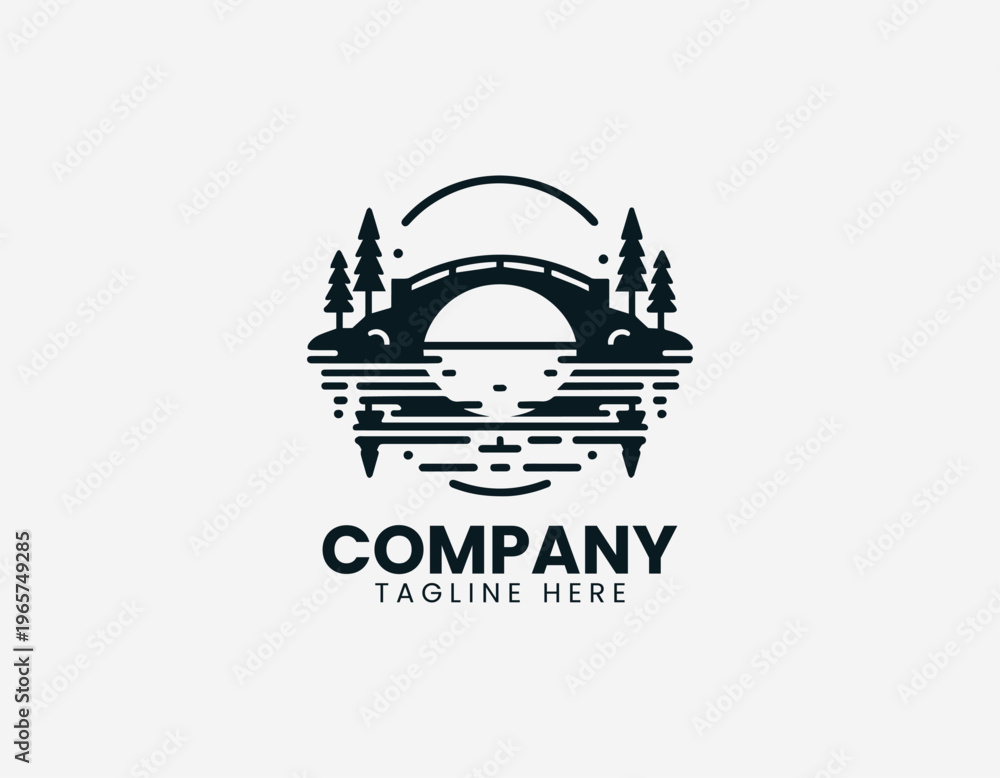 Naklejka premium Arched bridge over water with trees representing peaceful landscape and natural outdoor scenery in clean minimalist black vector illustration style on white background