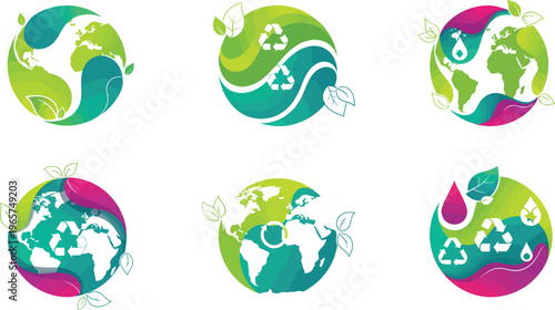 Vibrant set of six earth icons illustrating global recycling, sustainability, and environmental protection with leaf.