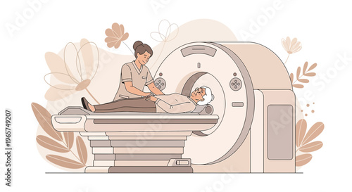 Medical Scan: Nurse Assists Patient in MRI Machine for Diagnostic Imaging