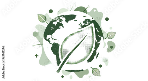 Stylized green globe symbolizes global environmental conservation efforts with leaves floating around.