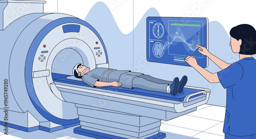 Medical professional operating MRI scanner with patient inside, displaying vital signs on screen