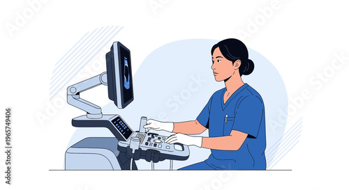 Medical professional operating ultrasound machine, diagnostic imaging, healthcare technology