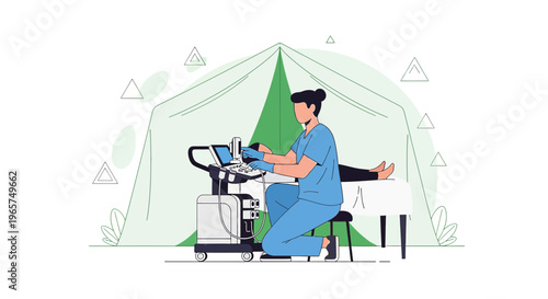 Medical professional performing ultrasound examination in a tent, healthcare concept