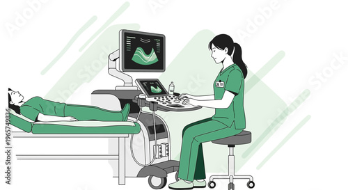 Medical professional performing ultrasound examination on patient lying on examination bed