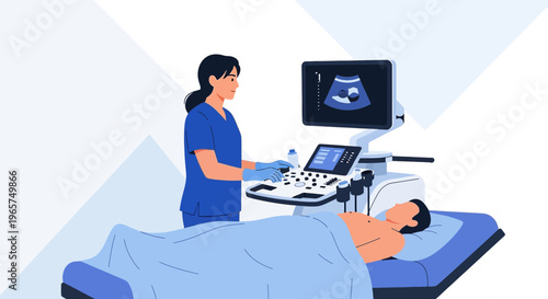 Medical professional performing ultrasound examination on patient lying on examination table