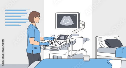 Medical professional performs ultrasound examination on patient in clinic room with modern equipment