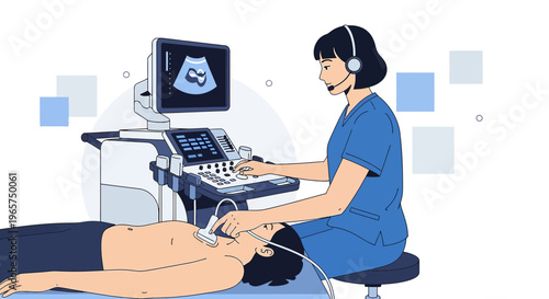 Medical professional performs ultrasound on patient, displaying anatomy on screen
