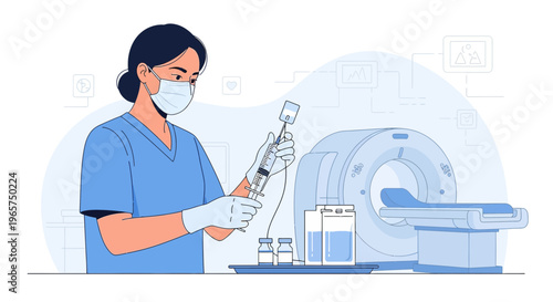 Medical professional preparing injection near CT scanner, healthcare concept