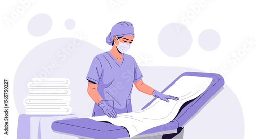 Medical Professional Preparing Examination Table with Clean Linens for Patient
