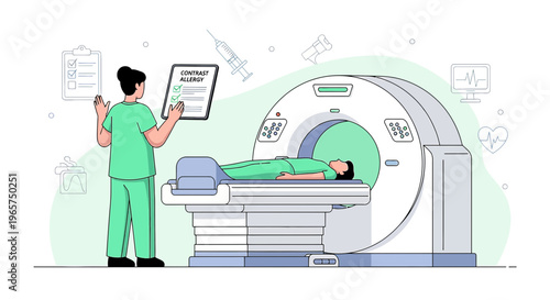 Medical professional preparing patient for CT scan in modern diagnostic imaging center
