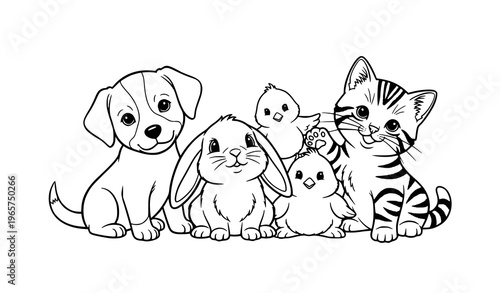 Cute baby animals coloring page for kids with puppy kitten bunny and chick characters