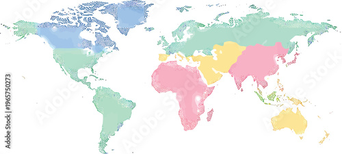 Color-coded world map divides continents into distinct regions using pastel shades for geopolitical segmentation.