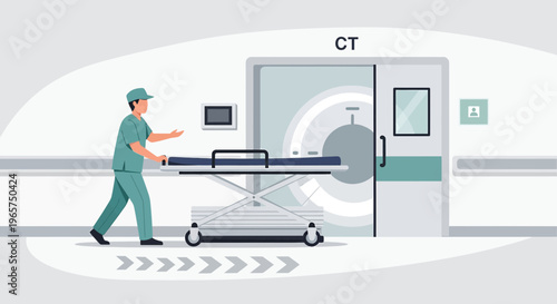 Medical professional pushing empty gurney into CT scan room with modern equipment