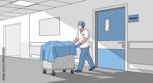Medical Professional Pushing Cart with Covered Equipment Down Hospital Corridor