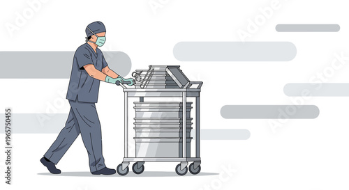 Medical Professional Pushing Sterilized Equipment Cart in Hospital Corridor