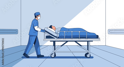 Medical professional transports patient on gurney through hospital corridor, healthcare concept