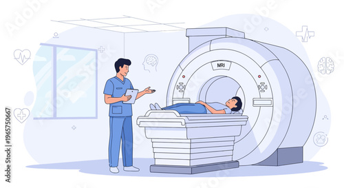 Medical professional with patient in MRI scanner room, modern diagnostic equipment