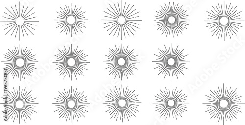 Flat vector geometric sunburst illustration with twelve circular radial designs, abstract star patterns, line symmetry art, decorative visual perception concept