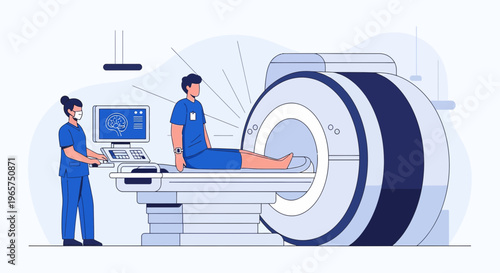 Medical professionals performing MRI scan on patient, modern diagnostic imaging technology