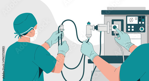 Medical Professionals Preparing Anesthesia Machine for Surgery
