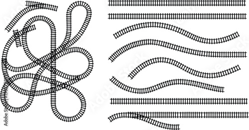 Flat vector train track illustration with tangled curved loops, straight rail segments, organized railway design, transportation infrastructure symbol, model system concept