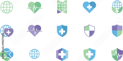 Medical health icons set, 15 healthcare vector symbols, blue and green global wellness logos, medical shield signs