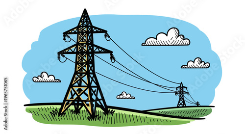 An industrial landscape featuring a steel oil pump and high voltage electric pylon towers connected by power lines across a blue sky to fuel the global energy and gas industry