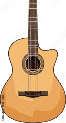 Flat vector acoustic guitar illustration with wooden body, six string design, musical instrument art, sound hole rosette detail, versatile music concept