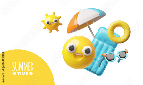 Summer time 3D vector banner design, happy sun and smiley emoticons, beach umbrella, sunglasses, inflatable mattress
