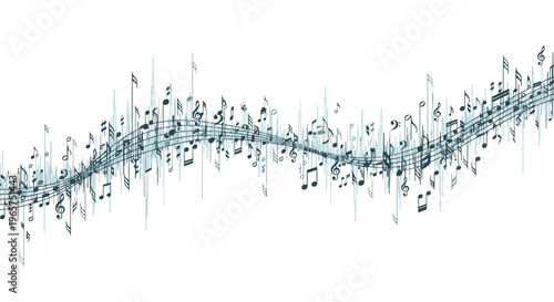 Vector illustration of a woman silhouette standing by a tree against an abstract background featuring blue digital audio equalizer sound waves and nature grass lines