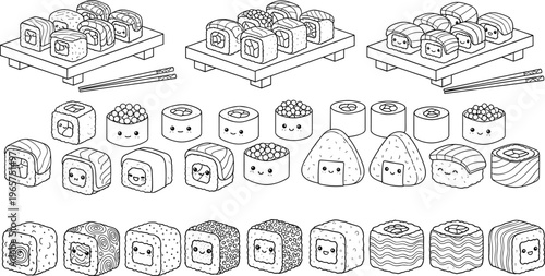 Cute sushi characters set, kawaii Japanese food vector collection, cartoon sushi rolls and nigiri icons for menu illustration design