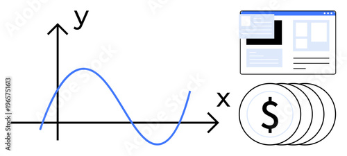 Financial planning, data analytics, investment strategies, business growth, online services, ROI. Graph with X and Y axes, website window dollar coins. Financial planning and data analytics concept